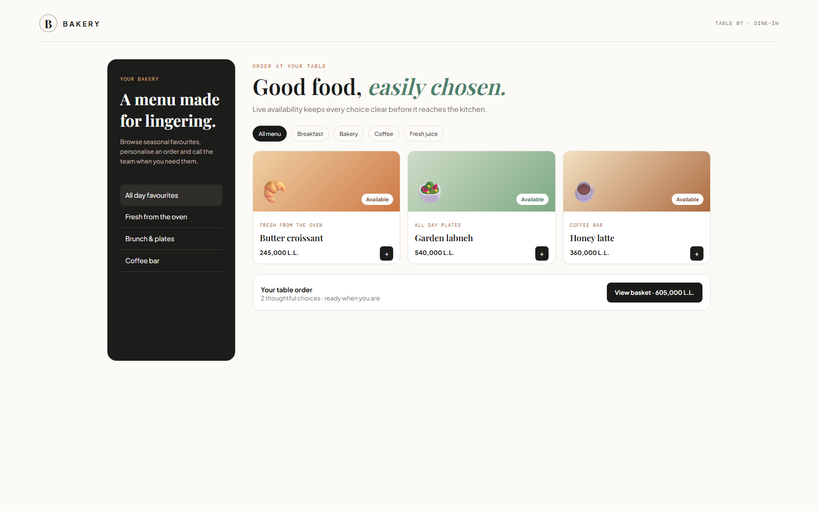 Bakery guest ordering experience