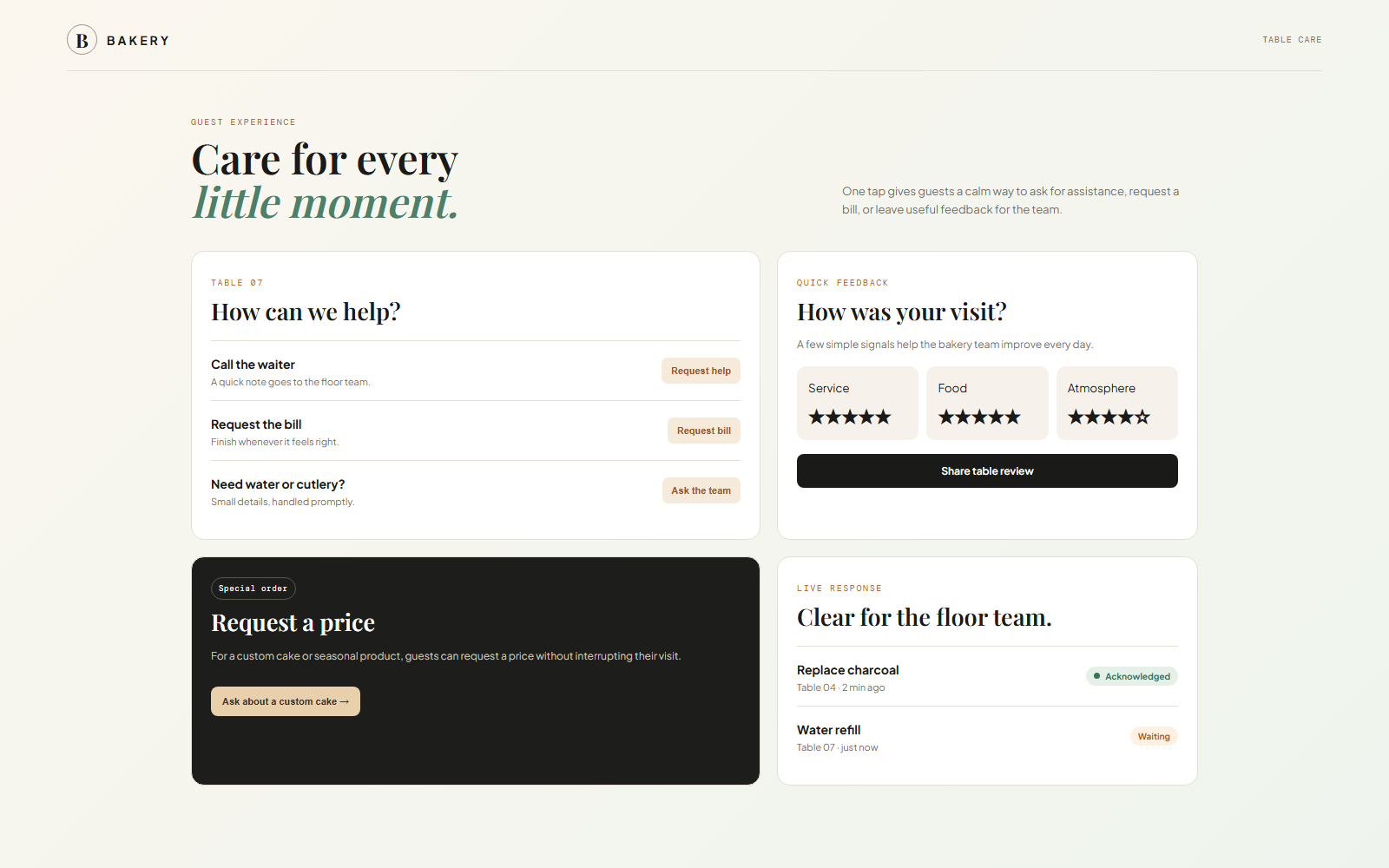Bakery table service and guest feedback experience